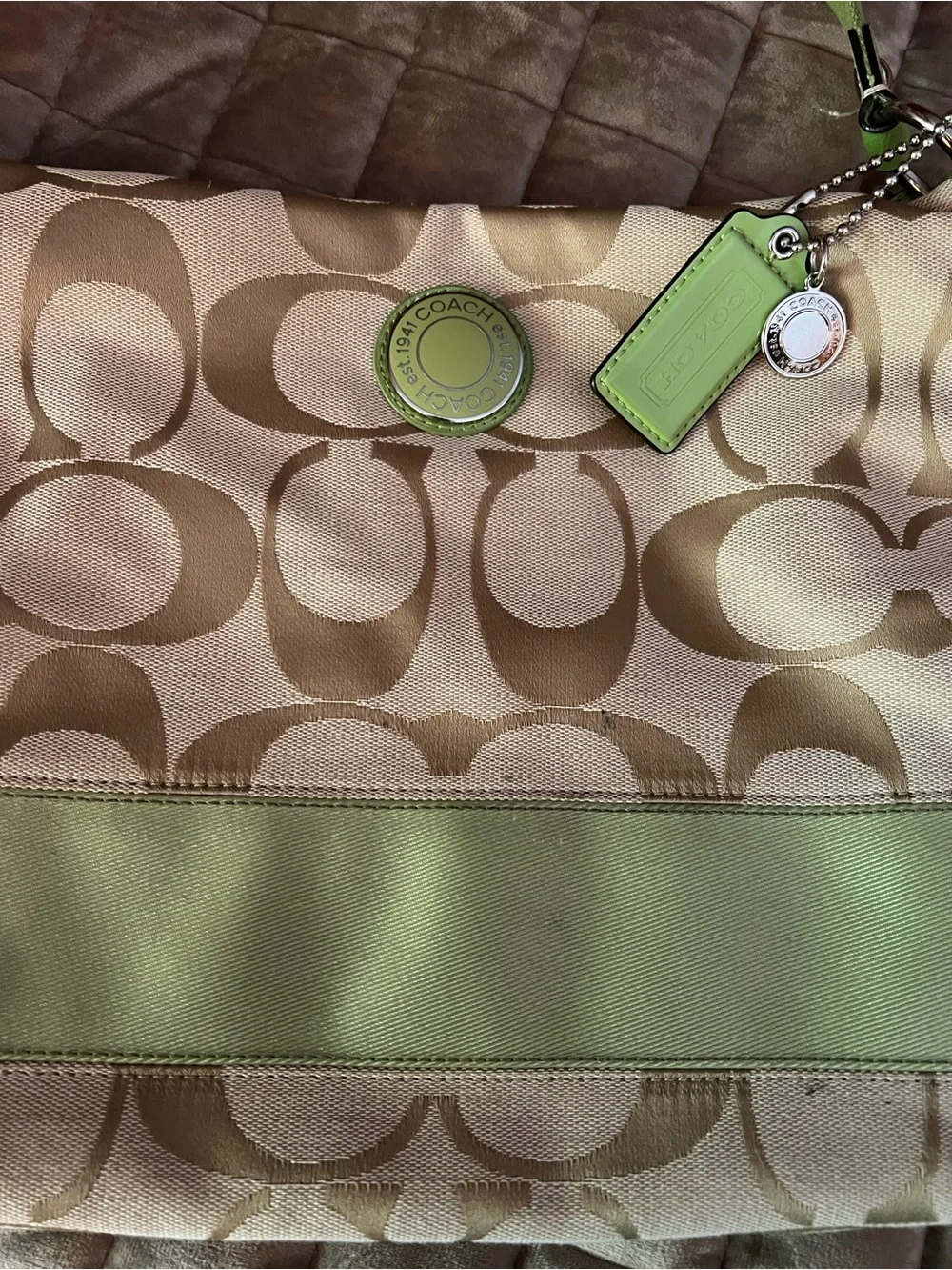Coach Khaki Signature Crossbody with Lime Trim